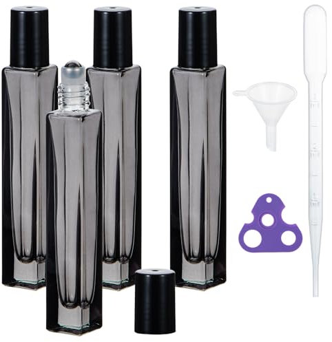 Yebeauty Glas-Rollerflaschen für ätherische Öle, 10 ml, Reiseflaschen für Ölmassage mit Edelstahlkugeln, 4 Stück, Parfüm-Rollerball leer mit Öffner, Trichter, Tropfer, Schwarz