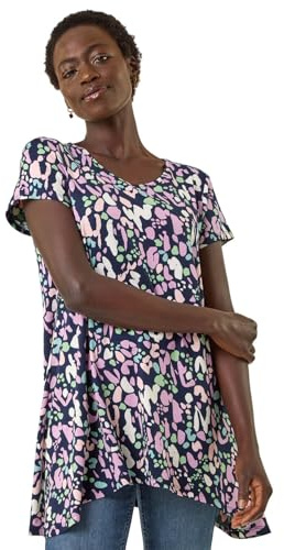 Roman Originals Hanky Hem Tunic Top for Women UK - Ladies Longline Blouse Asymmetric Hemline Short Sleeves Casual Slouch Loose Summer Spring Relaxed Comfortable - Navy Spot - Size 16
