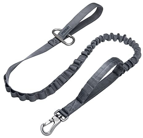 EXCELLENT ELITE SPANKER Tactical Bungee Dog Leash Military Adjustable Dog Leash Quick Release Elastic Leads Rope with 2 Control Handle（Grey