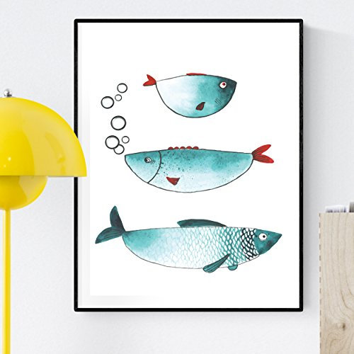 Nacnic Drei Blaue Fische Poster. Aquarell-Art-Gemälde mit Bildern von Fischen und Meeresleben. Hauptdekor für Naturliebhaber. Größe A4