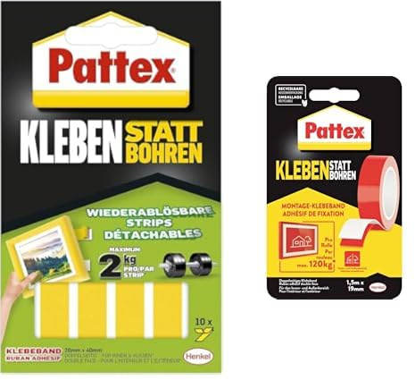 Bundle: Pattex Kleben statt Bohren Strips (10 Stück, 20×40 mm) + Pattex Kleben statt Bohren Doppelklebeband extra stark (19 mm × 1,5 m) – Befestigen ohne Bohren