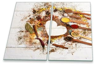 Herdabdeckplatte Abdeckung Ceranfeld Abdeckplatte Schneidebrett 2-Teilig 60x52 Gewürze Mehrfarbig Spritzschutz Glasplatte Ceranfeldabdeckung Schutz Herdschutz Sicherheitsglas Glasschneidebrett 2x30x52