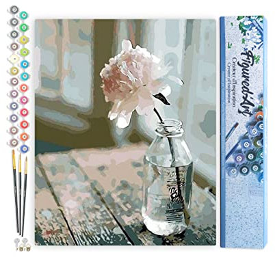 Figured'Art Malen Nach Zahlen Erwachsene Weiße Blume - Paint by Numbers Basteln DIY Bastelset 40x50cm ohne Holzrahmen