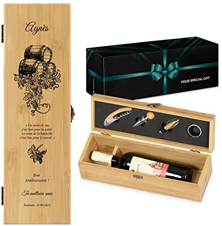 Maverton Coffret en Bois de Bambou pour une bouteille du vin avec un ensemble d'accessoires pour vin, Jeu d'Accessoires pour Vin pour chaque femme - avec personnalisation - tonneau de vin