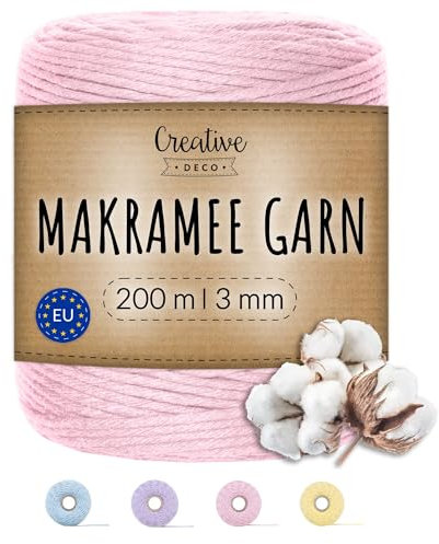 Creative Deco 200m Pastel Rosa Makramee Garn Baumwoll Polyester Kordel Baumwollschnur | 656 Fuß | 2-3 mm Dicke | Große Rolle Naturliche Starke | Perfekt für Basteln, DIY, Handwerk & Stricken