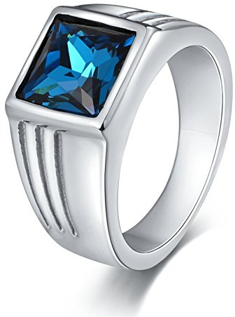 Beydodo Gothic Ring Edelstahl für Männer, Herren Ring Personalisiert Silber Quadrat Blau Zirkonia Breite 10MM Größe 62 (19.7)
