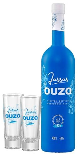 Jassas Ouzo 40% 0,7l Premium Flasche + 2 Ouzo Gläser | Besonders mild | Limited Edition | Älteste Ouzo Destillerie der Welt 1856