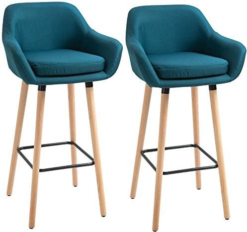 HOMCOM Tabourets de Bar Design scandinave - Lot de 2 tabourets de Bar Grand Confort avec Repose-Pieds et accoudoirs - Bois Massif Lin Bleu