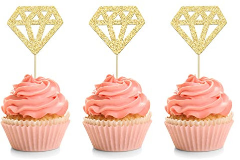 24Pcs Diamond Ring Cupcake Toppers Gold Glitter Diamond Wedding Ring Cupcake Picks for Marriage Engagement Anniversary Valentines Party Cake Decorations Supplies