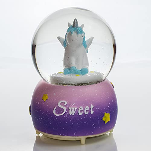Castell Deco - Schneekugel, Glasballon, Musik & Licht - Einhorn, innovativ, dekorativ, Geschenk für Mädchen, Musikbox, LED-Nachtlicht, mehr als 7 verschiedene Melodien. (Himmelblau)