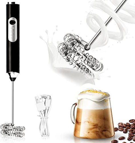 TonJin Electric Milk Frother Handheld Black USB Rechargeable Drink Mixer, Detachable Milk Frother 3 Speeds Adjustable Foam Maker for Coffee, Lattes, Matcha, Hot Chocolate