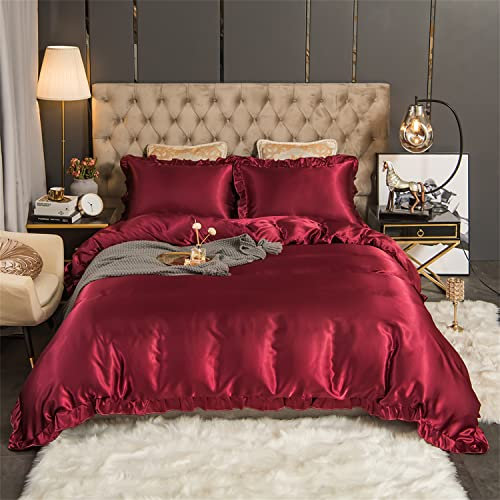 Freyamy Bettwäsche 135x200 4tlg Glatt Luxus Seide Bettwäsche Set Rot Weinrot Einfarbig Rüschen Romantisch Sommer Bettwäsche Sets 2 Bettbezüge und 2 Kissenbezug 80x80 mit Reißverschlüsse