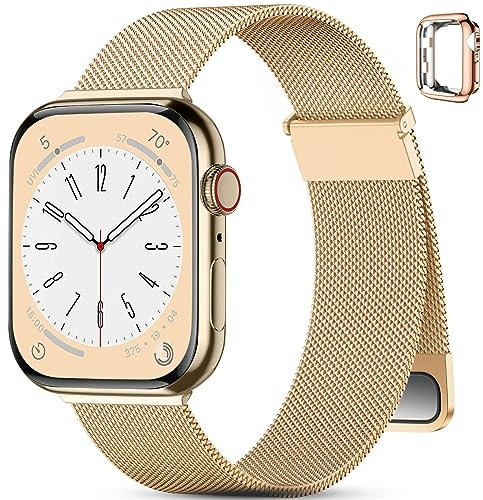 PIOWNN Armband Kompatibel mit Apple Watch Armband 44mm 45mm 42mm Damen Herren, Magnetisch Edelstahl Metall Ersatzarmband für Apple/iWatch SE/SE 2/Series 9 8 7 6 5 4 3 2 1, Roségold & Hülle