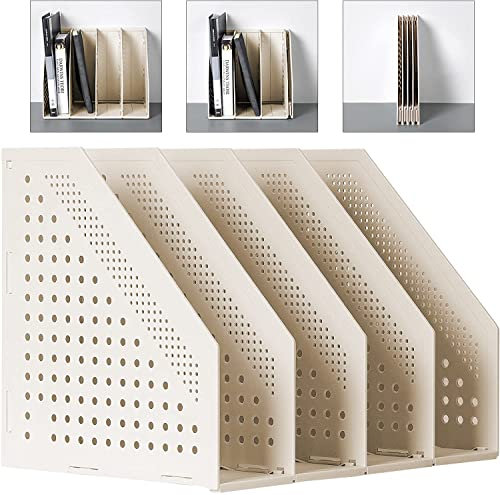 Sokiwi Deli Porte-revues pliable A4, porte-magazines, organisateur de bureau pour l'école et le bureau, avec 4 compartiments, en plastique beige