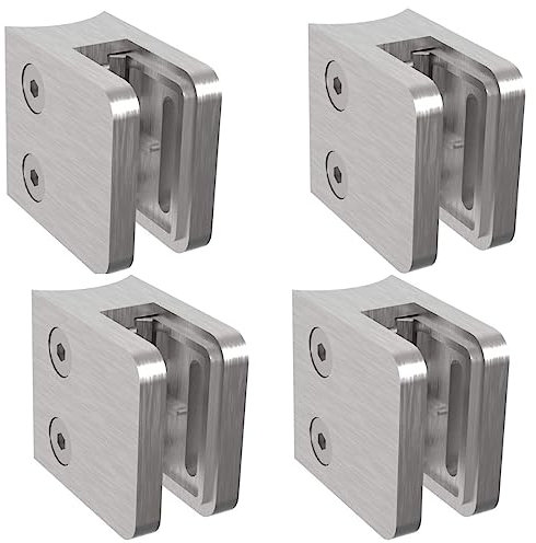 Sellon24® 4 x supporto per vetro in acciaio inox V2A, rettangolare, per vetro, supporto per vetro, supporto a morsetto, da parete, in vetro, 30 x 30 mm, MOD29, 4 – 8 mm, 42,4/piatti