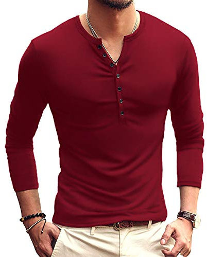 KUYIGO Mens Cotton T-Shirt Slim Fit Henley Shirt Basic Long Sleeve Fashion Tops L Wine Red