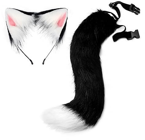 Halloween Kostüme Plüsch Katzenohren katzenschwanz Cosplay Set Kunstfell Katzenohren und Schwanz Fuchsohren Haarreif mit Ohren und Schwanz Halloween Fasching Karneval Masquerade Cosplay,Schwarz weiß