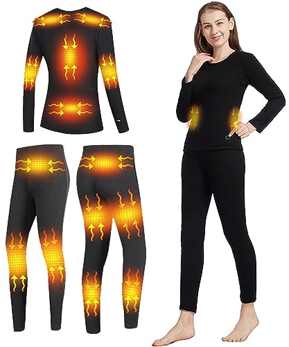 VLOBAOM Electric Heated Thermal Underwear Set, Women's Travel Heated Pants and Top, Fleece Lined Long Johns Set,M,Black