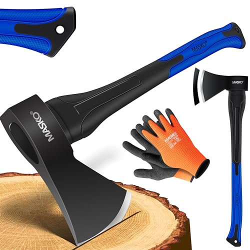 MASKO® Spaltaxt Spaltbeil Axt Beil Spalthammer Spaltkeil FIBERGLAS-Stiel + Handschuhe Die Perfekten Werkzeuge für Garten und Wald Universal | Robust | Langlebig | Rostfrei | Holzbeil 1000g