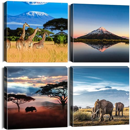 Sungeek 4 Teilig Leinwandbilder mit Holzrahme, Leinwanddruck Bilder 30 x 30 cm, Moderne Wandbilder Kunstdruck Wand Dekoration für Wohnzimmer Schlafzimmer Home Büro Esszimmer (Afrika B)
