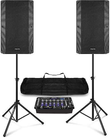 VONYX VSA150S 15 Active DJ Speaker Packages with STM-3007 6-Channel Bluetooth Mixing Desk, Adjustable Stands, MP3 Playback USB SD, Complete PA System Kit for Events & Parties
