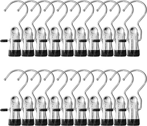 20 Stück Wäscheklammern Edelstahl, Wäsche Haken rutschfest Kleiderbügel Clip 360° Drehbar Stiefelklammern Stiefel Aufhänger Metall Klammern für Hosen Schuhe Handtuch (Schwarz)