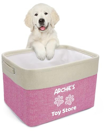 kodinsiivous Personalised Dog Toy Box, Custom Dog Toy Basket with Pet's Name, Collapsible Dog Toy Storage Box with Handles, Storage Basket for Organizing Dog Toys, Clothes and Accessories(Pink)