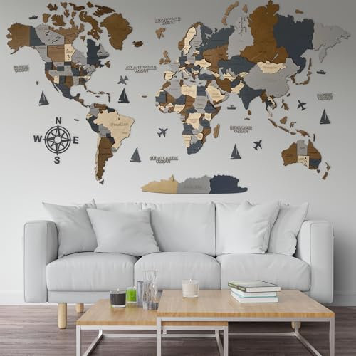 Hölzerne Weltkarte (Deutsch) - 3D Art Large Wall Decor - Karte Größe (M, L, XL) Jeder Anlass Geschenkidee - Wandkunst für Haus, Küche oder Büro (SKY, XL (213x113 cm))