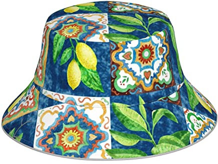 Brpzosi Fischerhut für Damen und Herren, Outdoor-Kappe, Reisen, Strand, Sonnenhut, reflektierend, Fischerhut, Zitronen auf gestreift, Zitrone und Blätter, One size
