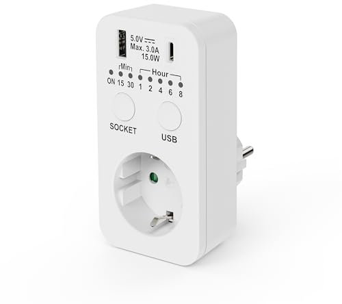 conecto Steckdose Timer, Schaltsteckdose Countdown, 230V Schaltuhr, USB und USB-C Timersteckdose, programmierbare Zeitschaltsteckdose, 2300 Watt, weiß