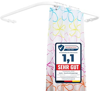 Sasko Duschvorhangstange Duschstange Duschvorhang L-Form Symmetrisch Aluminium Stabile Belastbarkeit 25 kg Gardinenstange für Vorhang für Badewanne & Dusche Wandmontage - Weiß - 110x110 cm