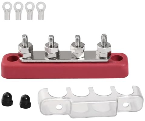 Bus Bar Power Distribution Block Battery Terminal 12V-48V DCBus Bar 1 pcs,4 x M8 Terminal Studs with Cover and Ring Terminalsfor Cars RVs Ships Yachts(red)