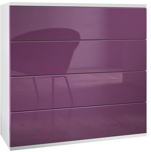 Vladon Kommode hängend Pavos V3, Sideboard mit 4 Schubladen Weiß matt/Brombeer Hochglanz (76 x 76 x 35 cm)