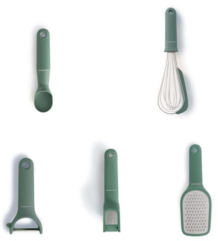 CREATE/Pack de 5 utensilios de cocina verde sage/Pelador de fruta y verdura, cuchara para helado, batidor de mano, rallador, prensa para ajos, apto para lavavajillas, hojas de acero inoxidable