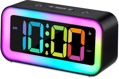 Euakee Lauter Wecker für Schlafzimmer mit RGB-Nachtlicht, schwere Schläfer Erwachsene, Doppelalarm, Dimmer, USB-Ladegerät, kleine Nachttisch-Digitaluhr mit Led-Anzeige für Teenager (Schwarz)