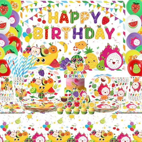 Dancing Fruit Birthday Party Supplies, Includes Happy Birthday Backdrop, Plates, Cupcake Toppers, Napkins, Cups, Tablecloths, for Dancing Fruit Theme 1st Birthday Baby Shower Party Decor Serves 20