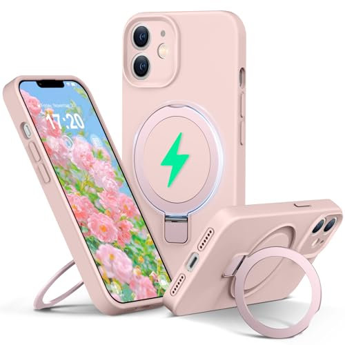 PuyaTeya Liquid Silicone Case for iPhone 12 with Magnetic Ring Stand, Upgraded camera lens protection, Mil-Grade Drop Shockproof, Anti-Scratch Microfiber Lining Silicone Case(Pink)