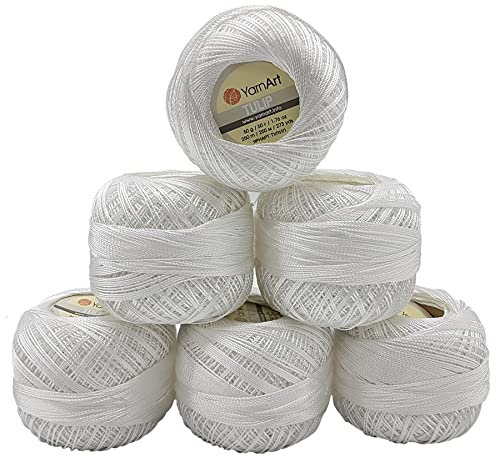 6 x 50 Gramm Ilkadim Export Tulip Seide Garn Mikrofaser, 300 Gramm Satin Garn glänzend, Filetgarn einfarbig (weiss 401)