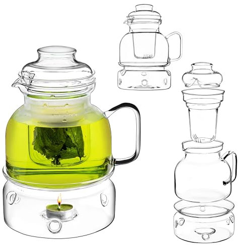 KADAX Teekanne 1.5L mit Stövchen Set, Glasteekanne mit Teewärmer, Glaskanne mit Siebeinsatz und Deckel für losen Tee, Kanne aus Glas, Teeservice (mit Sieb)
