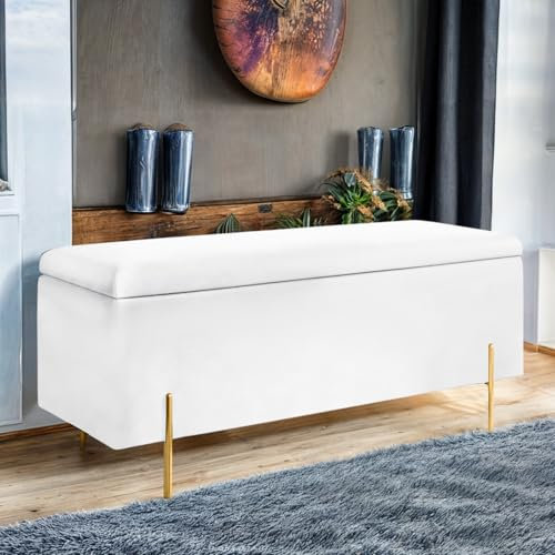 Harveys Living Ottoman Storage Box - Engineered Wood Luxurious Plain Plush Velvet Ottoman Storage Bench (White, Plain)