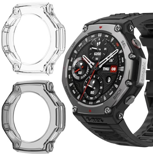 ToVioc Funda Compatible con Amazfit T-Rex 3 Protectora Todo Incluido, [2 Piezas] [Flexible TPU] [Anti-Rasguños] Cáscara Protectora para Amazfit T-Rex 3 - Negro & Transparente