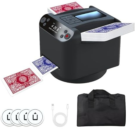 Automatischer Kartenmischer Kartengeber,Ultra leise 360° drehbarer Kartengeber mit 4 kabellosen Kartengebertasten, Kartenmischmaschine Elektrische Kartenmischgerät für UNO, Texas Hold'em (Schwarz)