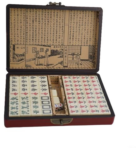 Für reisefreundliches chinesisches Mahjong Set in edlem Holzkoffer mit 2 Würfeln für Familienfeiern (ohne Griff)