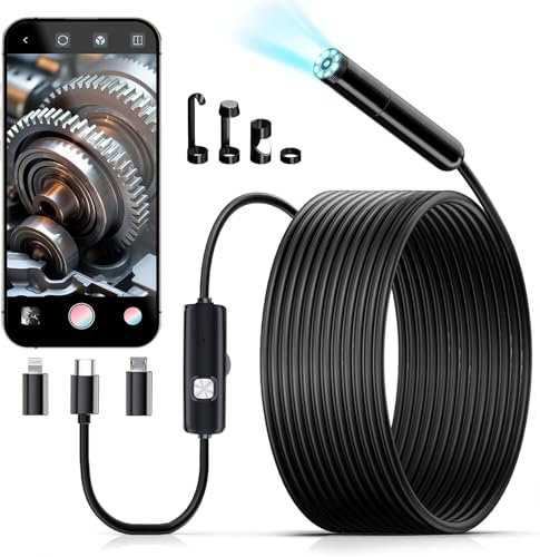 Hengrongshen Endoskopkamera mit Licht Handy, 1920P HD Endoskop Kamera mit 8 Verstellbaren LED, 5M Halbsteife Schlangenkamera, IP67 Inspektionskamera Kanalkamera für IOS & Android