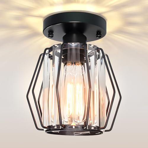 Mlihove Hallway Ceiling Lights Crystal Lighting, Black Samll Chandelier Modern Semi Flush Mount Ceiling Light Fitting for Entryway, Hall, Kitchen, Entrance, Bathroom