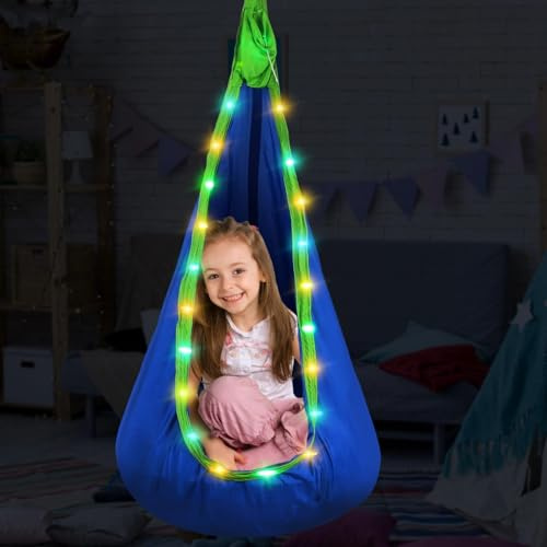 Bosreroy LED-Hollywoodschaukel mit bunten Lichtern, tragbare sensorische Schaukel, ideal für Spaß im Innen- und Außenbereich, empfohlen für Kinder ab 3 Jahren, maximales Gewicht 79,8 kg
