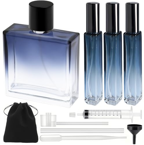 Maxumille 4 Emballage Flacon Parfum Vide 100ml + Vaporisateur Parfum Voyage | Atomiseur Parfum Vide Rechargeable, Bleu Dégradé Atomiseur Carré, Flacon Vaporisateur en Verre pour Voyages