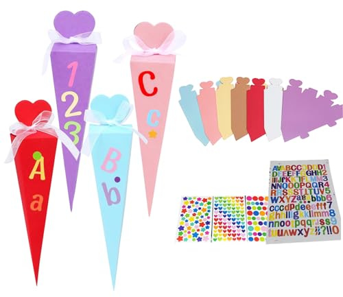 HDFHDF 32 PCS Mini Schultüte Schulzeit Süße Süßigkeiten Box Kleine Zuckertüten Zum Befüllen DIY Klebstoff Farbe Aufkleber Hand Zucker Spitze Kegel Dekoration Jungen Mädchen Zuckerbeutel Geschenkbox