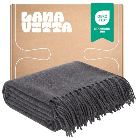 Lanavitta – Kaschmirdecke „LUKS“ – Tagesdecke & Bettüberwurf – Couchüberwurf, Sofadecke, Couchdecke, Sesseldecke – 100% Kaschmir – Dunkelgrau – 140x200 cm