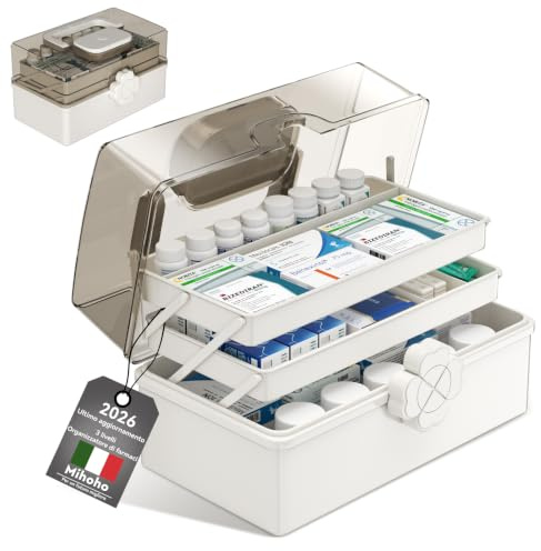 Mihoho Grande scatola per medicinali a 3 strati, organizer per medicinali a 3 livelli, organizer per scatole di immagazzinaggio con scomparti, custodia per kit di emergenza per la famiglia (bianco K)